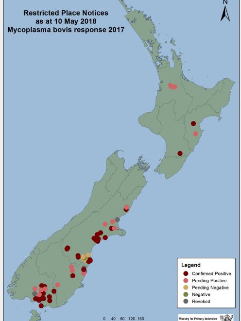 This map of Mycoplasma bovis locations was sent out by Biosecurity New Zealand late on Friday. Map: Supplied