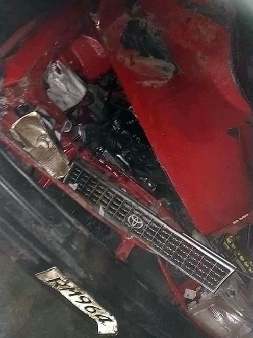 The front of a Toyota Corolla after it collided with a large stag north of Dunedin on Wednesday...