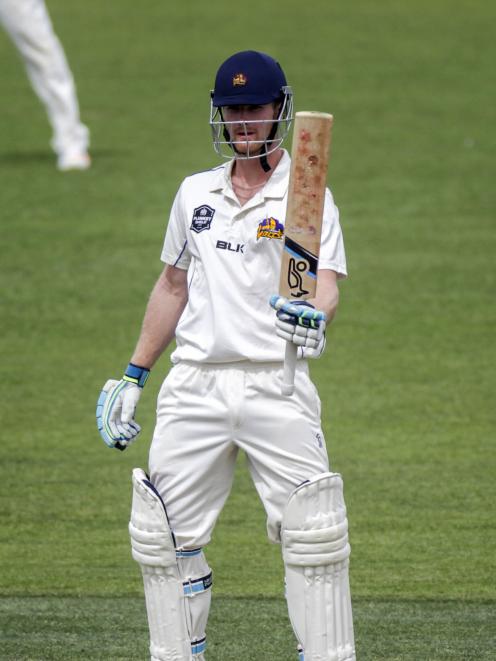 Jimmy Neesham brings up a half-century for Otago against Central Districts at McLean Park, Napier, in March. Photo: Hawke's Bay Today