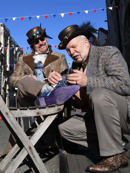 Allen Borgwardt (right) makes sure Bob Archer looks his best for this weekend’s Steampunk NZ...
