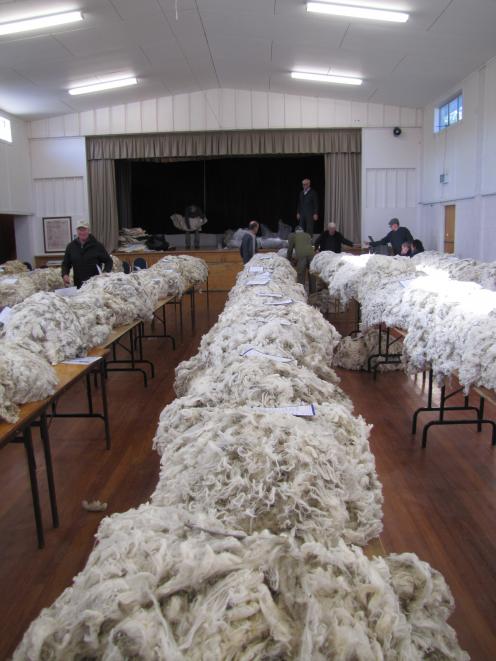 Fleeces are weighed and tested in the Tarras Hall before the Golden Fleece event in Wanaka last...