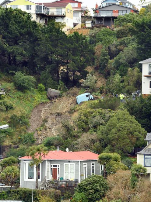 The slip cuts a swathe down the bank above Ravenswood Rd in St Clair. Photo: Stephen Jaquiery