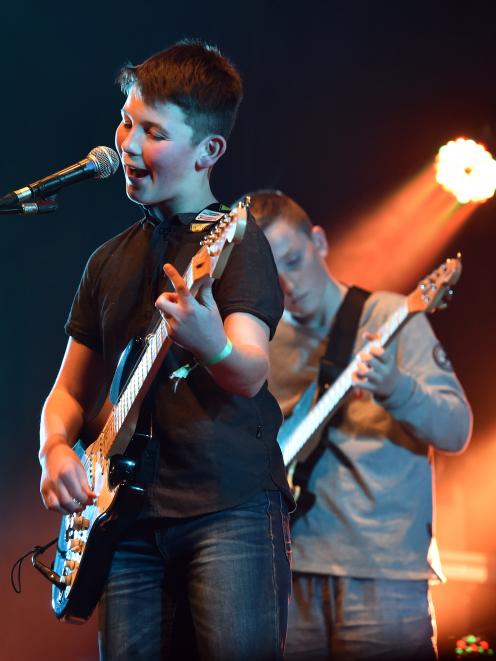 Amplified lead singer Rylan Urquhart (left) and lead guitarist Henry Chafer are part of a polished performance at the Rockshop Bandquest in Dunedin last night. Photo: Peter McIntosh