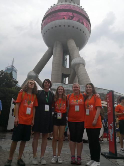 Shanghai International Sister Cities Youth Camp attendees (from left) Chris Hawkins, Jane Boulton, Joelle Gatenby, Anna Thomas and Galina Mandich visit the Oriental Pearl Tower. Photo: Supplied