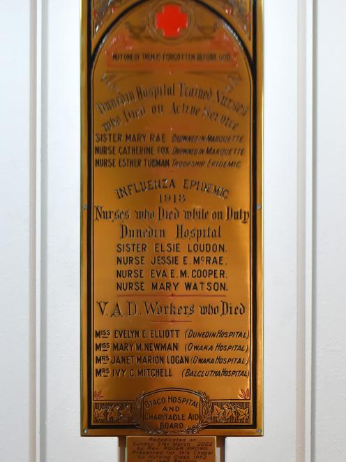 The nurses memorial plaque in the chapel at Dunedin Hospital. Photo: Gregor Richardson