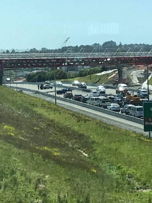 Traffic was stopped by police on the Northern Motorway in Albany. Photo: Supplied via NZ Herald