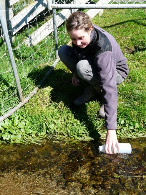 Judy Miller takes a regular monthly control water sample in one of the farm’s feeder creeks, to...