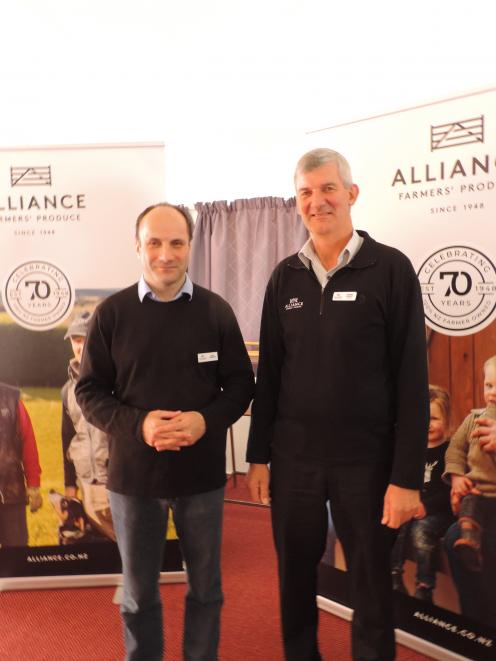 Alliance Group chief executive David Surveyor (left) and chairman Murray Taggart updated shareholders at a roadshow meeting in Kurow. Photo: Sally Brooker