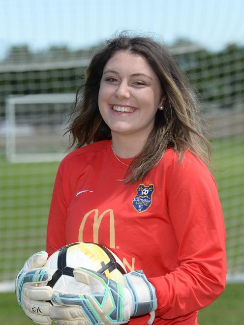 Southern United goalkeeper Jordan Woodward at Logan Park yesterday. Photo: Linda Robertson