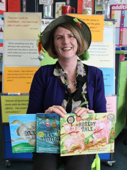Jennifer Somervell with some of her books at St Mary's School, in Milton, last week during her Otago tour. Photo: Ella Stokes