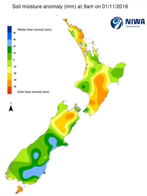 This illustration shows soil moisture in New Zealand at 9am November 1. Credit: NIWA