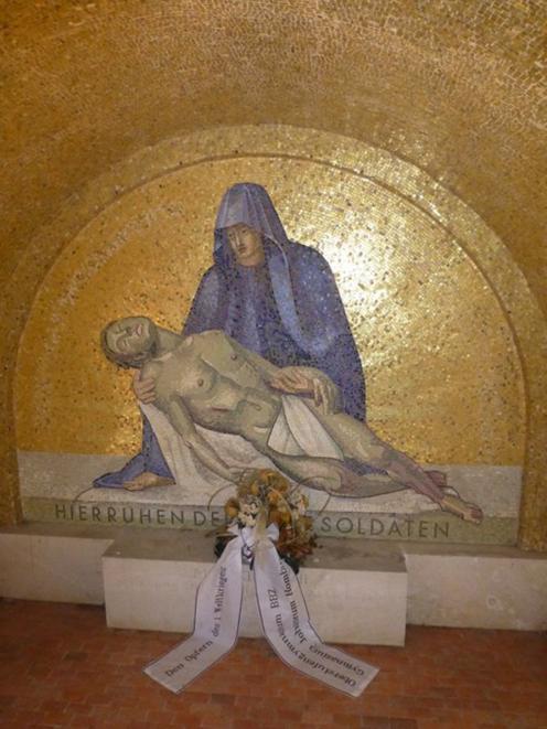 The pieta in the gatehouse of the German military cemetery in Romagne-sous-Mountaucon, France,...