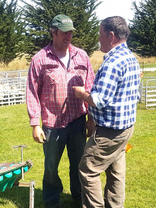 Stoneburn farmer Simon Engelbrecht (left) and South Canterbury Southdown breeder Chris Medlicott...