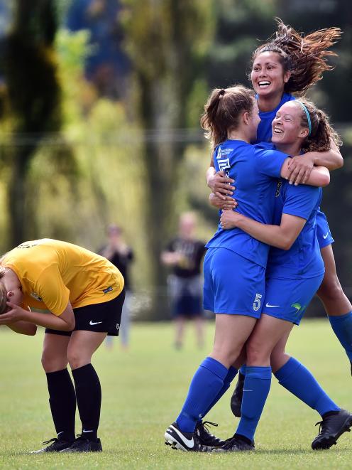 Southern United players Lena de Ronde, Shontelle Smith and Renee Bacon celebrate, while Capital’s...