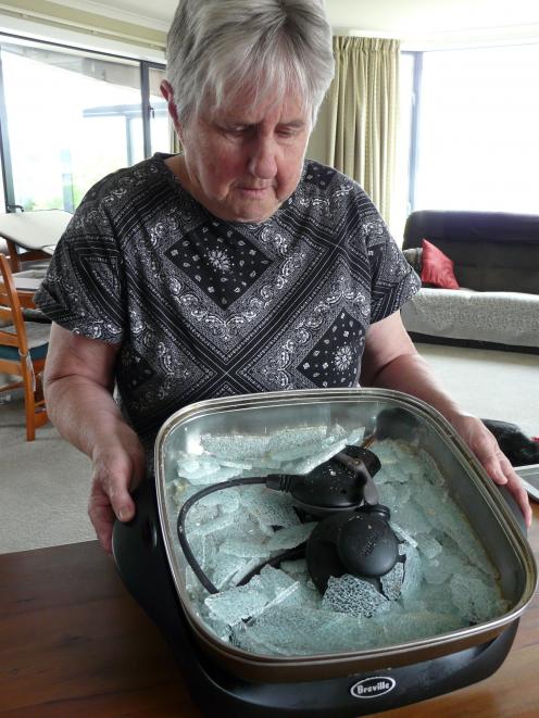 Balclutha resident Mary Laurenson received a fright on Monday morning when the toughened glass lid of her electric frying pan spontaneously exploded. Photo: Richard Davison