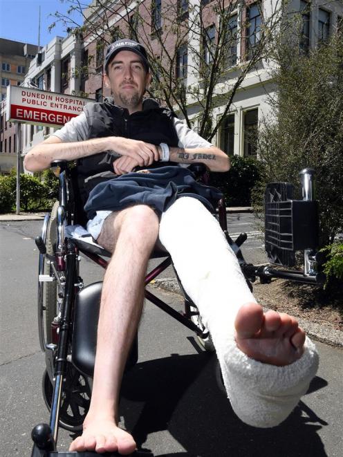 Hit-and-run victim Tim Patrick outside Dunedin Hospital. Photo: Stephen Jaquiery