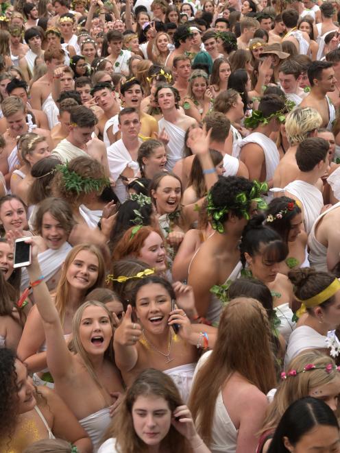 Crowds enjoy the entertainment at the 2019 Otago University Students' Association Orientation Week toga party at Forsyth Barr Stadium last night. Photo: Linda Robertson