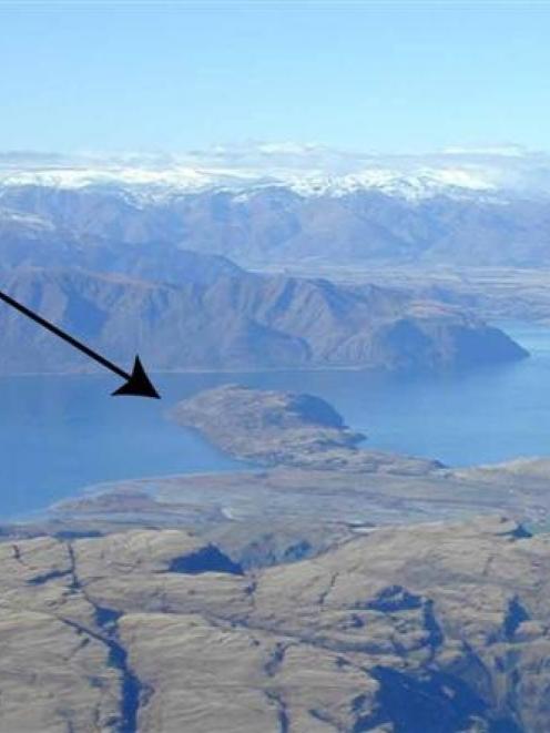 Lake Wanaka, with Roys Peninsula arrowed. Photo by Marjorie Cook.