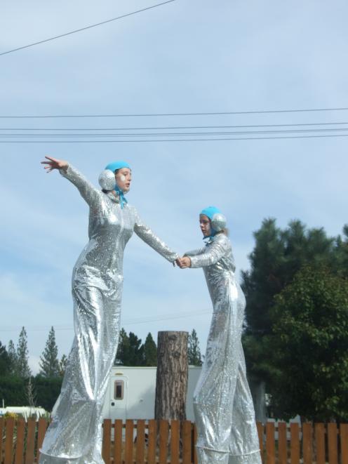 Lena Hawthorne (left) and Brooklyn Harrington combine during their stilts performance in Ranfurly...