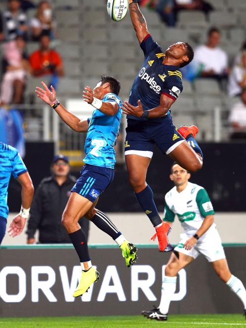 Waisake Naholo challenges for a high ball during the Highlanders' loss to the Blues at Eden Park...