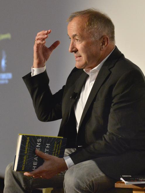 Writer Michael Shermer makes a point while talking to about 70 people at the University of Otago...