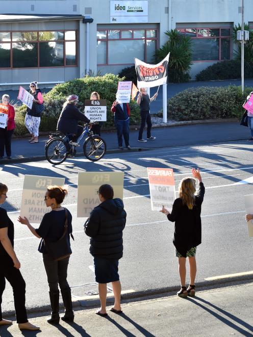 Idea Services staff picket outside the Dunedin office last month. Photo: Peter McIntosh