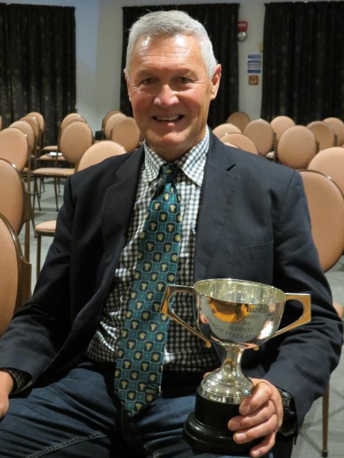 Kaitangata dairy farmer Stephen Korteweg was presented with Federated Farmers Otago’s Robbie Burnside Cup during the organisation’s annual meeting in Alexandra on May 10. Photo: Yvonne O'Hara