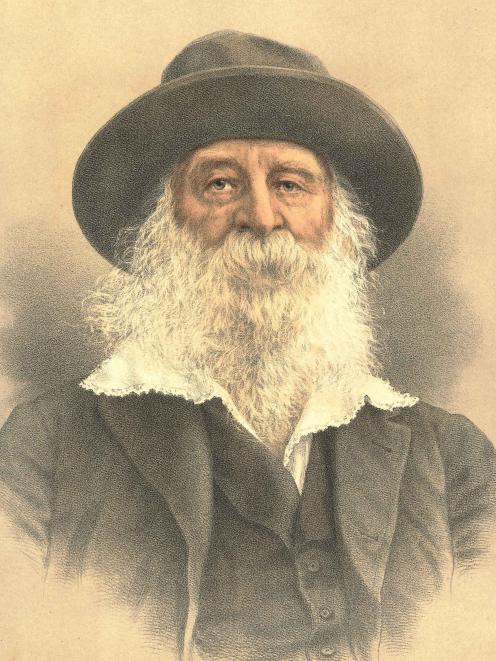 A lithograph portrait of Walt Whitman from 1895.
