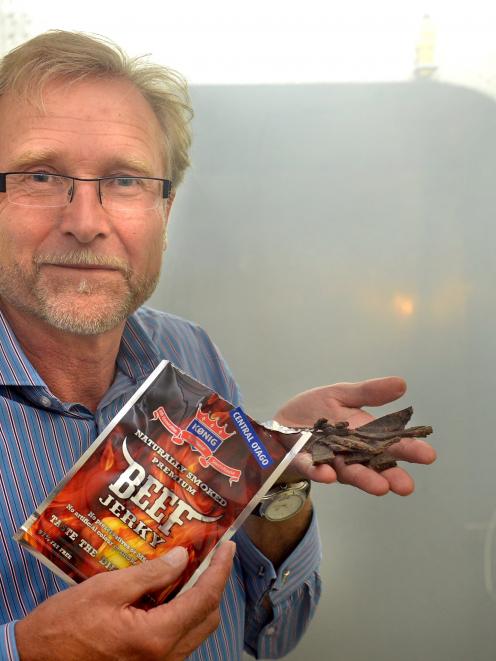 Bjorn Oscar Sollie with his Central Otago flavoured beef jerky in front of the smoke-house, at...