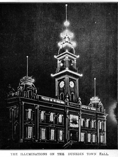 Peace celebrations in July, 1919 included light displays on buildings such as the Dunedin Town Hall. Photo: Otago Witness