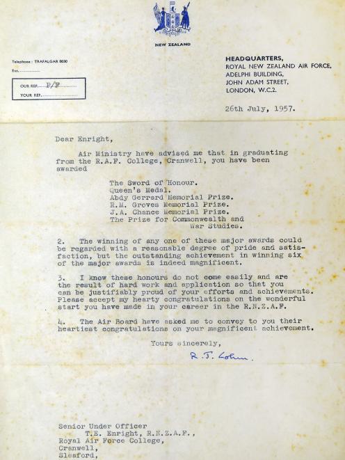 A letter of commendation that Tom Enright received from the Royal New Zealand Air Force upon...