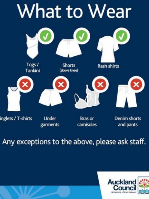 Auckland Council's guide on what to wear in council swimming pools. Image: Website