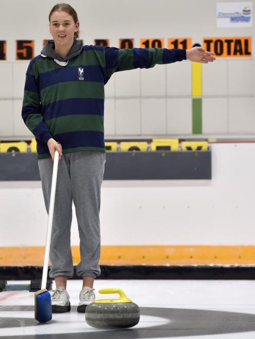Columba College player Alana Walsh (17) provides some direction during the Dunedin secondary schools curling tournament at the Dunedin Ice Stadium last week.