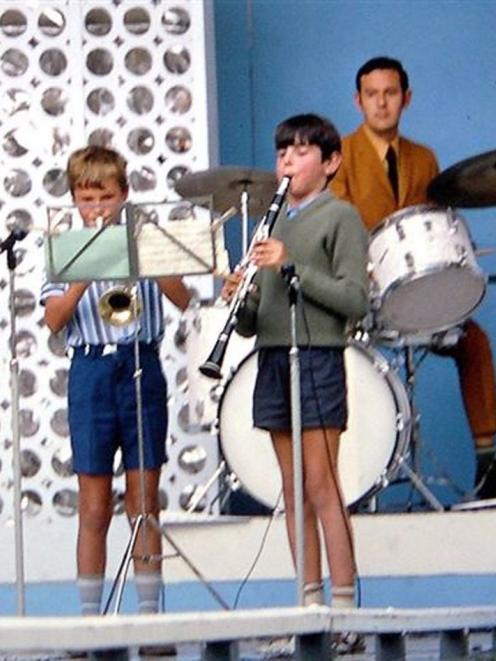 Three-time Emmy Award nominee, Dunedin composer and trumpet player Trevor Coleman (left) and Dunedin conductor, composer and clarinettist Peter Adams perform as youngsters in Dunedin. Photo: Supplied