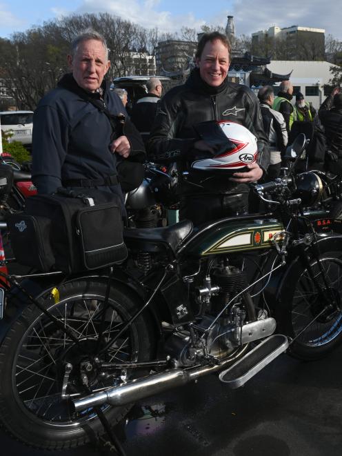 Colin Winter (left), the owner of a BSA 1926 Deluxe motorbike, and his son Gary Winter, who rode...