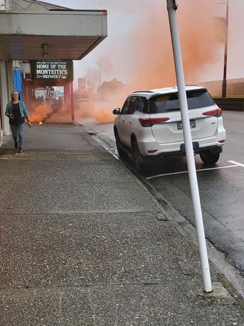 The Greymouth Star understands the man discharged two smoke canisters outside the Railway Hotel....