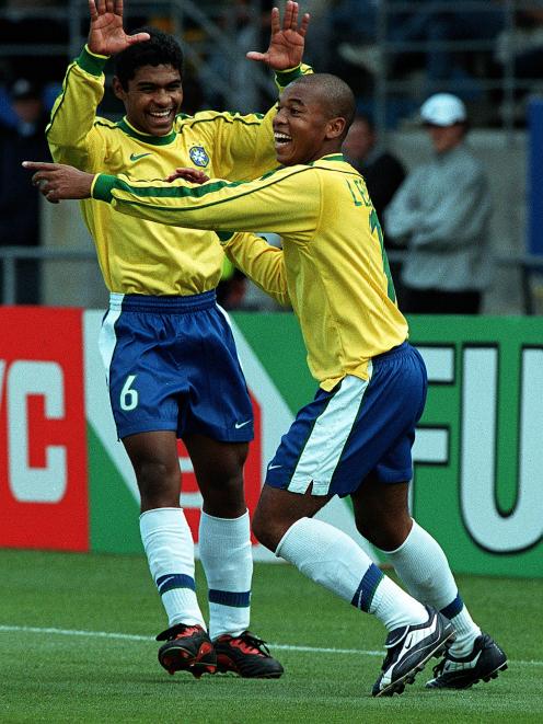 Brazil’s Leonardo (right) celebrates his hat trick with team-mate Anderson during the Fifa Under...