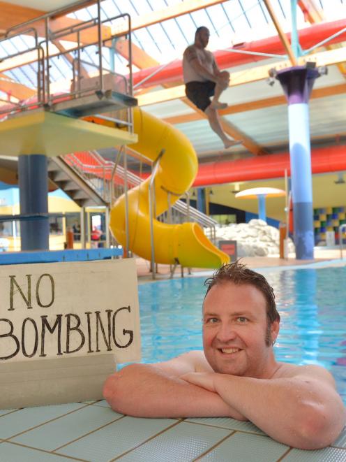 Oamaru reporter Daniel Birchfield celebrates the return of bombing at Oamaru pool. 