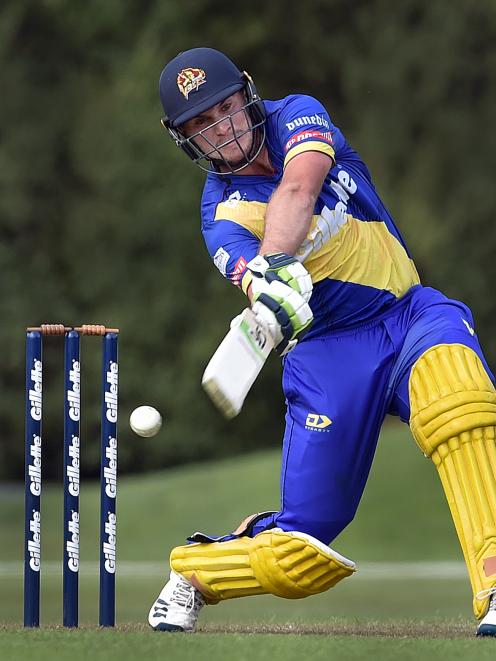 Otago top-scorer Dean Foxcroft hits through the offside in his side’s Super Smash match against...