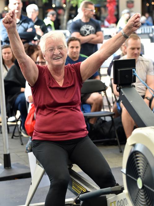 Barbara Sharp is elated after winning her class in the 1000m row. PHOTO: PETER MCINTOSH
