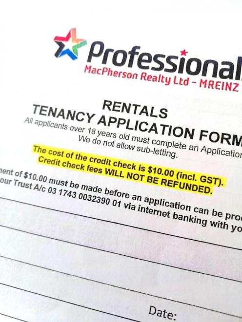 A form asking prospective tenants to pay $10 to Professionals in Invercargill, for a credit check...