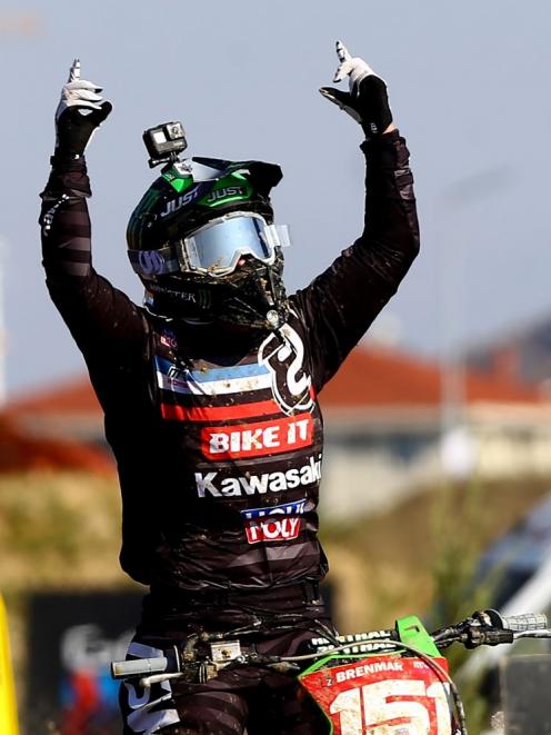 Courtney Duncan celebrates after claiming the Women's World Motocross Championship in Turkey. Photo: Anadolu Agency via Getty Images