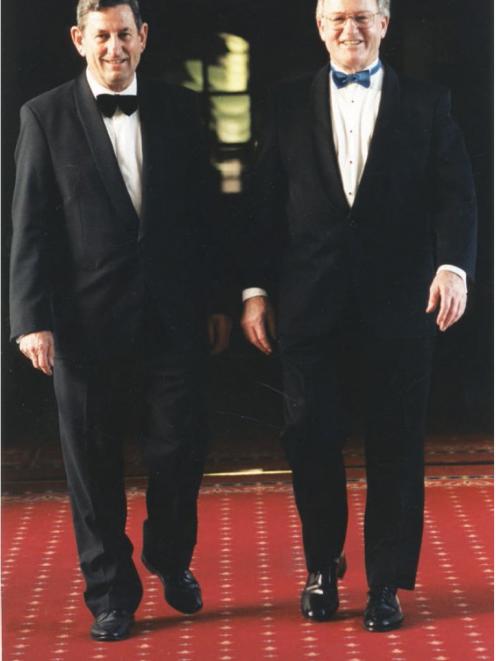 Bill Birch (left) with his friend  former Prime Minister Jim Bolger at a 1992 function...