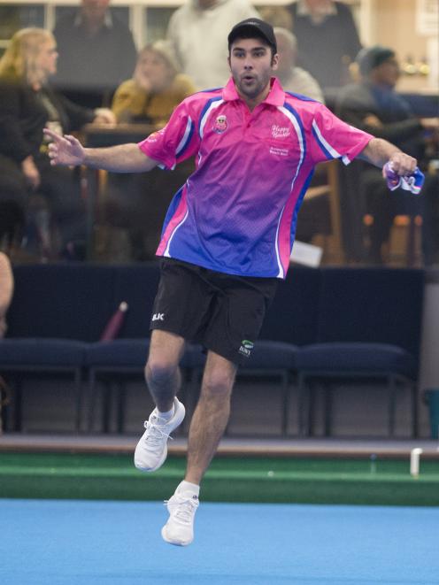 Gore bowler Sheldon Bagrie-Howley gets excited about his bowl at the PBA world singles final at...