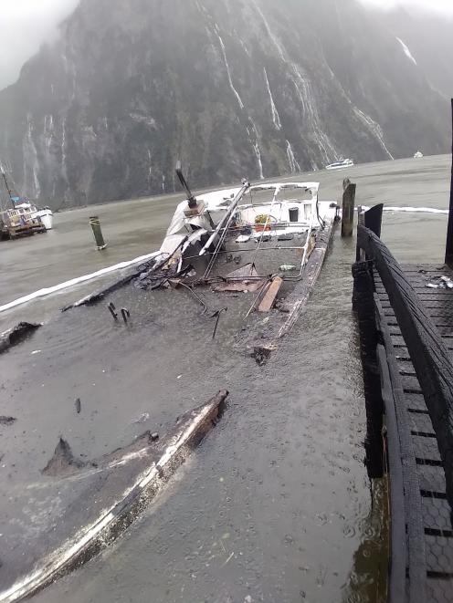 The former fishing boat that burned and sank in Deepwater Basin, Milford Sound, yesterday. PHOTO:...