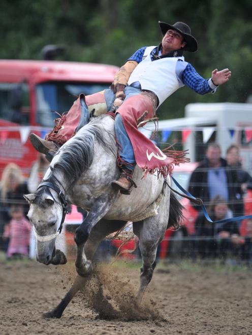 Former bareback rider Adam Williams, of Rakaia, in action at the Outram Rodeo 
...