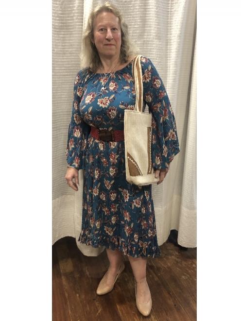 Julie wearing the ‘Maree’ dress in blue (also available in brown) — $89, with beaded belt $20,...