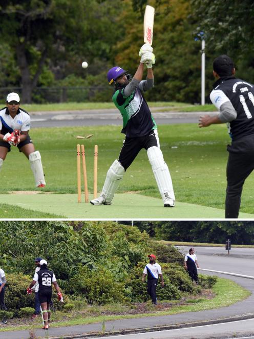 Umair Maqbool, of Christchurch, who had just hit a six, is cleaned bowled by Krishan Luxmanan, of...