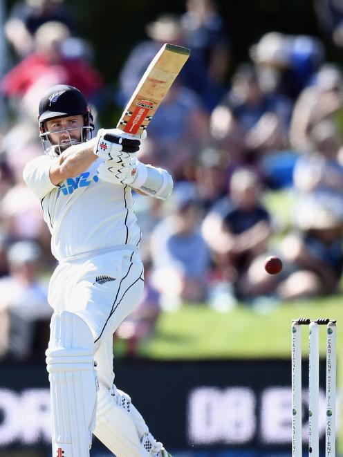 Black Caps captain Kane Williamson plays a pull shot during his team’s second test against...