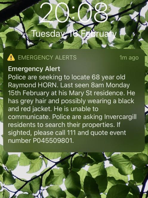 At about 8pm on Tuesday, an emergency alert informed Invercargill residents Raymond Horn was...